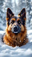 Close up of a german shepherd dog with brown and black fur in a snowy winter wonderland setting outdoors