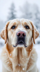 Close up portrait of a golden labrador retriever dog with snow falling on its face in a winter scene