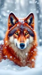 A close up portrait of an orange and white wolf with snow on its fur in a snowy winter forest scene