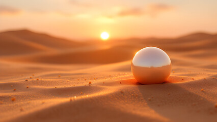 A surreal desert landscape featuring a smooth sphere under a warm sunset sky with rolling sand dunes