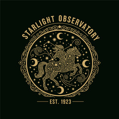 Vintage celestial emblem for Starlight Observatory featuring a rider on a horse amidst stars and crescent moons, with ornate golden details.