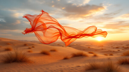 An orange sheer fabric floats above the desert dunes at sunset with a cloudy sky background