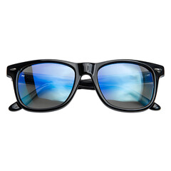 Classic black sunglasses with blue reflection isolated on transparent background