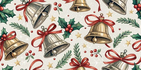 Festive Sleigh Bells Christmas Seamless Pattern, Holiday Event Jingle Design