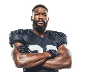 A muscular african american football player with a beard, wearing a black jersey with the number 55, stands with his arms crossed, isolated on a transparent background