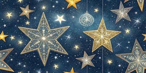 Twinkling Christmas Stars Seamless Pattern, Holiday Event Night Design