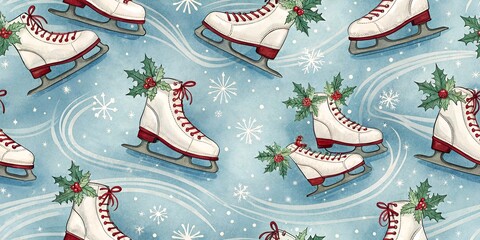Ice Skates Christmas Seamless Pattern, Holiday Event Skating Fun