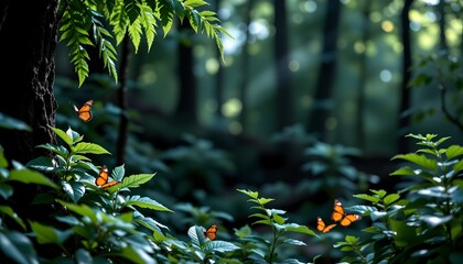 A serene forest setting with a group of butterflies resting atop the lush greenery of fern leaves.