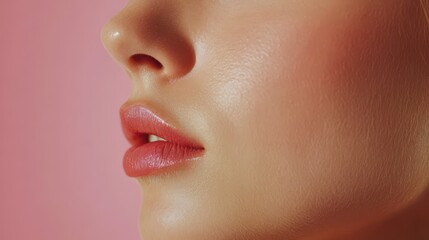 Obraz premium Close-up side view of a young woman smooth skin and natural pink lips against a pastel background, highlighting beauty, skincare, and healthy complexion