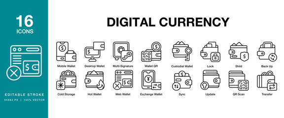 Digital Currency icon set. Includes technology, currency, digital, business, money and More. Editable Stroke Icon Collection.