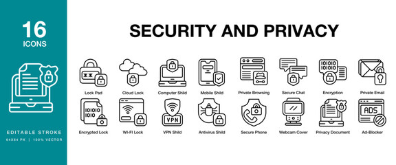 Security And Privacy icon set. Includes security, privacy, technology, network, digital and More. Editable Stroke Icon Collection.