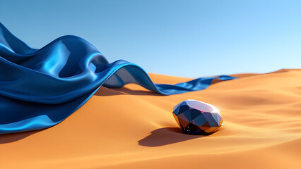 A low poly diamond on a sand dune with a blue satin cloth under a clear blue sky in a landscape view