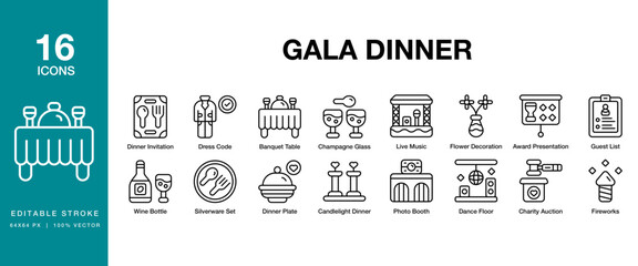 Gala Dinner icon set. Includes celebration, dinner, party, gala, event and More. Editable Stroke Icon Collection.