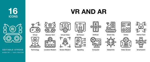 VR and AR icon set. Includes technology, ar, vr, simulation, virtual and More. Editable Stroke Icon Collection.