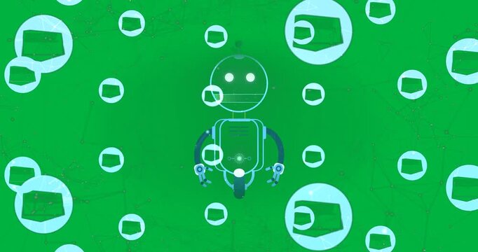 Animation of ai chatbot and network with icons on transparent background