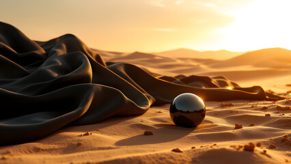 A reflective sphere and draped fabric in a desert landscape at sunset with sand dunes visible