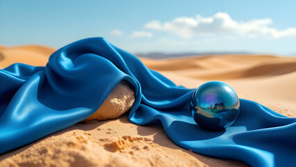 A blue satin cloth draped over sand with a rock and a reflective sphere in a desert landscape view