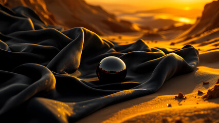 A shiny black sphere resting on draped black fabric in a desert landscape at golden hour light