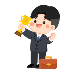 Cartoon Businessman Holding a Trophy with Briefcase