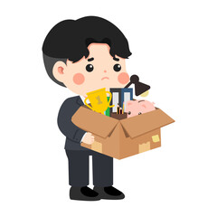 Illustration of Sad Man Holding Cardboard Box
