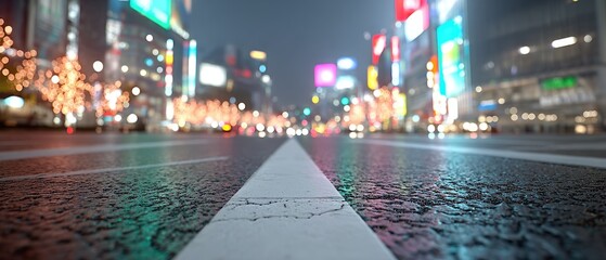Macro Close Up of Shibuya Crossing Tokyo Illuminated at Night with Wet Road Surface and Blurry Lights