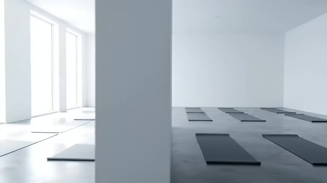 Minimalist bright studio space with yoga mats and large windows
