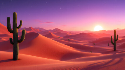 A vibrant desert landscape with saguaro cacti silhouetted against a colorful sunset sky and sand dunes