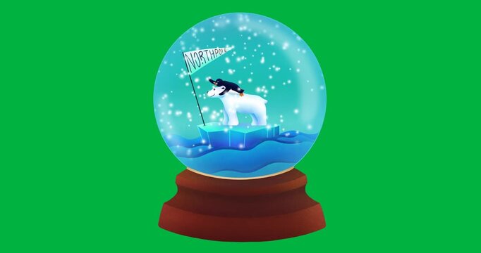 Animation of christmas snow globe with polar bear on transparent background