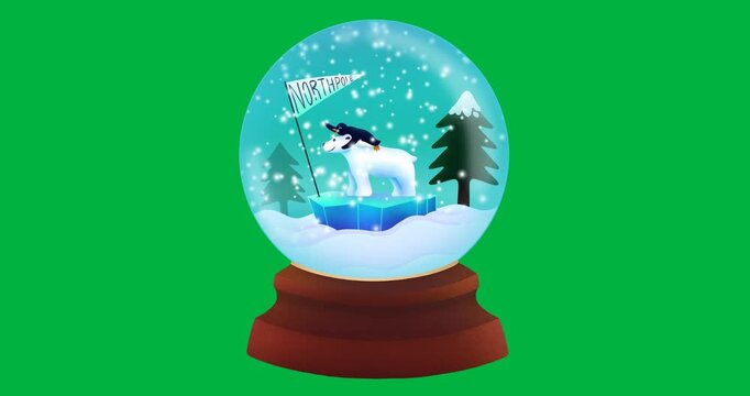 Animation of christmas snow globe with polar bear on transparent background