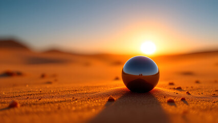 A reflective sphere sits on a sandy desert landscape with the sun setting in the distant background