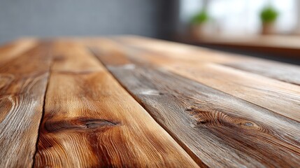Macro Close Up of Smooth Polished Wooden Plank Surface with Brown and White Tones in Soft Focus
