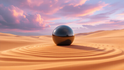 A reflective sphere sitting in the middle of a desert landscape under a colorful sky with clouds