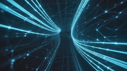 Abstract Blue Digital Network Tunnel with Glowing Lines and Nodes