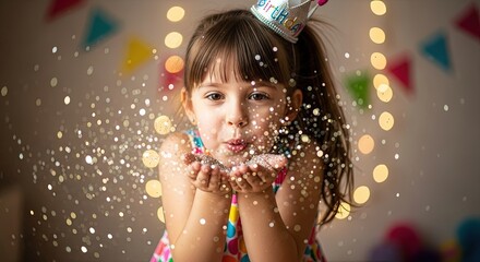 Young girl blowing glitter while celebrating her birthday party  