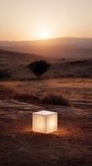 Illuminated cube in desert landscape
