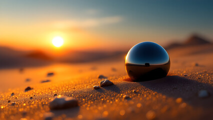 A chrome sphere rests on a desert landscape with a bright sun setting on the horizon in the background