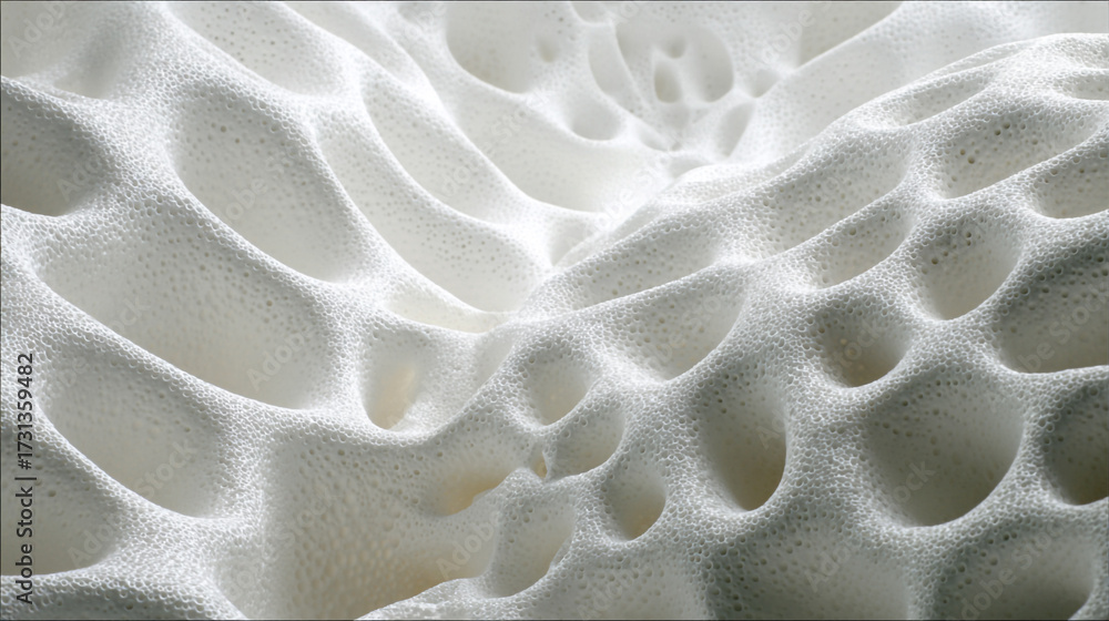 Wall mural a detailed macro view of an abstract white porous surface with a complex network of holes and soft u