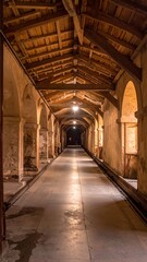 Obraz premium Long, dimly lit stone corridor with wooden vaulted ceiling