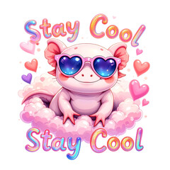 Cute, pink axolotl wearing heart-shaped sunglasses, sitting on a fluffy cloud, surrounded by glittery hearts and Stay Cool bubbly text.