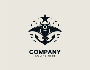 Obraz premium Vector logo shows anchor combined with manta ray illustration in minimal marine design