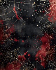 Elegant dark luxury Halloween background with black crushed velvet, gold foil spiderwebs and deep blood red splatters in Art Deco style