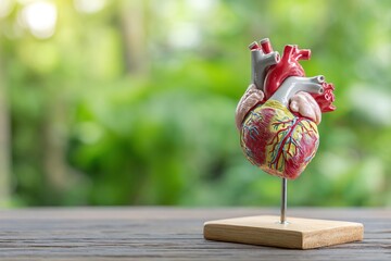 Anatomical model of a human heart displayed on wooden base, showcasing intricate details of arteries and veins, set against a blurred green background, symbolizing health and vitality