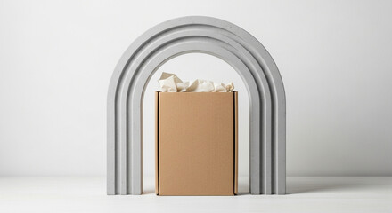 Minimalist Product Photography Blank Brown Cardboard Box with White Tissue Paper in Arch Display