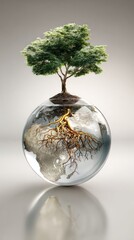 Tree inside globe earth and roots environmental concept