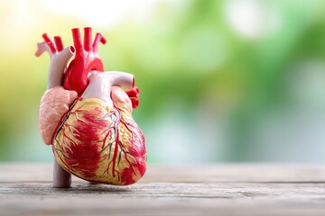 Anatomical model of a human heart displayed on a wooden surface, showcasing intricate details of arteries and veins, emphasizing the importance of cardiovascular health and education