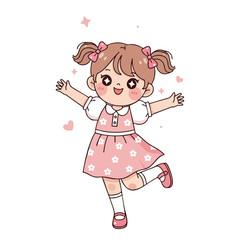 Cheerful Cartoon Girl with Pink Bows and Floral Dress, Arms Outstretched