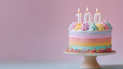 100th Birthday Cake Celebration with Colorful Candles and Pastel Frosting