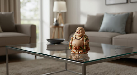 Laughing Buddha statue on glass coffee table in modern living room  