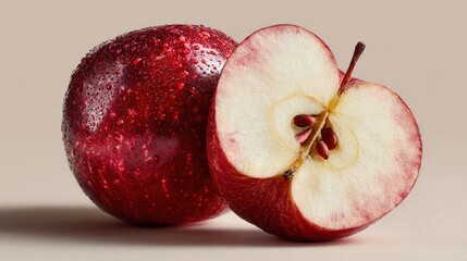Close-up of a shiny red with a glossy skin and a sliced half revealing its white flesh and seeds on a neutral background, fresh healthy fruit photography