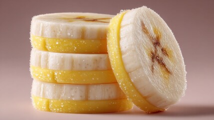Carefully sliced fresh banana and lemon stacked in a tiered formation on a smooth surface showcasing bright yellow and creamy white colors with natural texture and close-up detail